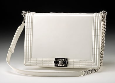 Chanel Reverso Boy Flap Bag, White Patent Calfskin 2012