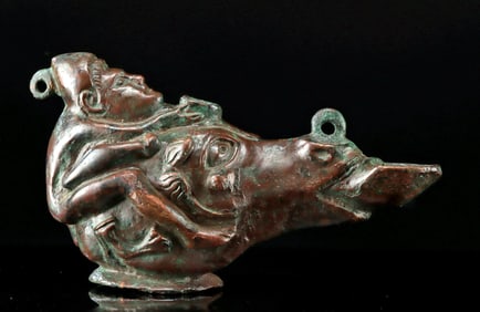 Romano-Egyptian Bronze Oil Lamp - Erotic Satyr on Horse Motif