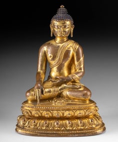Superb 15th C. Tibetan Gilt Copper Shakyamuni Buddha