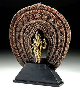 15th C. Nepalese Gilt Copper Amoghapasa - Eight Arms, Jeweled Inlay