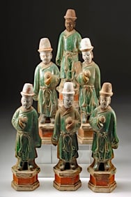 Set of 6 Ming Dynasty Mingqi Pottery Attendants, Polychrome Glaze