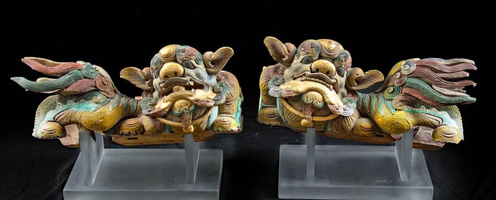 19th C. Chinese Polychromed / Gilt Wooden Fu Lions (Shishi)
