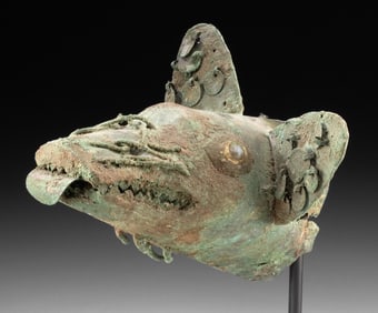 Moche Copper Fox Head w/ Articulated Tongue and Shell Inlays
