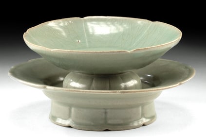 12th C. Korean Goryeo Celadon-Glazed Stoneware Dish + Lobed Stand