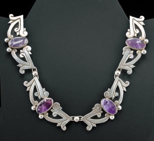 Mexican Modernist Silver Necklace Amethyst Cabochons (Carmen Beckmann)