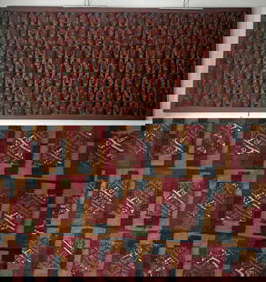 Rare / Huge Pre-Columbian Chuquibamba Textile Panel, Stepped Geometric Motifs: Pre-Columbian, Peru, Chuquibamba, ca. 1200 to 1450 CE. A vibrant and highly sophisticated Pre-Columbian Chuquibamba textile, woven in alternating fields of deep red, ochre, indigo, and green, with