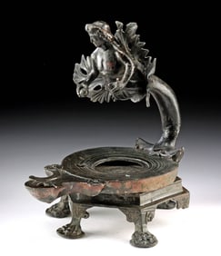 Roman Imperial Bronze Oil Lamp - Bust of Bacchus, Acanthus Handle