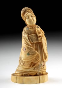 19th C. Meiji Walrus Ivory Okimono - Woman Holding Rabbit