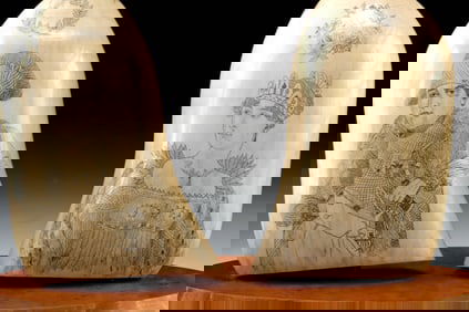 19th C. French Scrimshawed Sperm Whale Teeth - Napoleon & Josephine