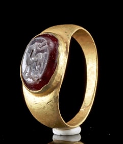 Roman Gold Ring - Garnet Intaglio with Standing Ibex