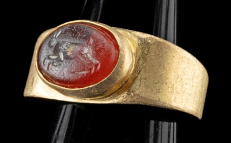 Roman Gold Ring w/ Carnelian Intaglio of Rabbit