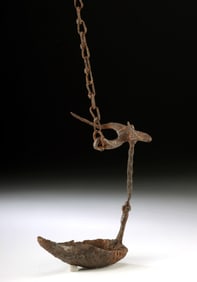 Rare Celtic Iron Hanging Oil Lamp, Bull-Head Finial, La Tène Period