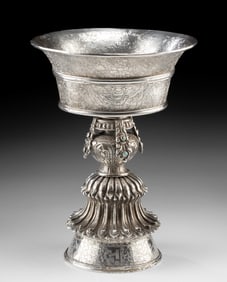 Tibetan Silver Plated Butter Lamp w/ Auspicious Symbols