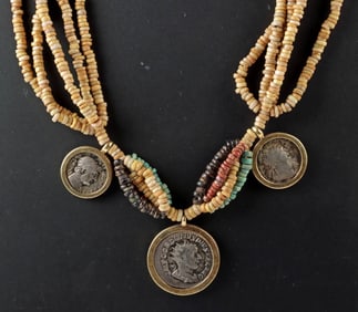 Egyptian Faience Necklace w/ 3 Roman Coins (in Gold Bezels)