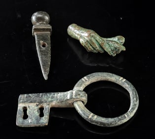 3 Roman Bronze & Brass Miniatures - Key, Hand + Gladius