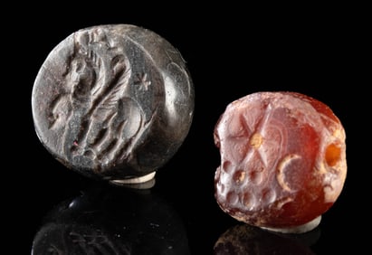 Two Ancient Akkadian & Sasanian Chalcedony Seal Beads