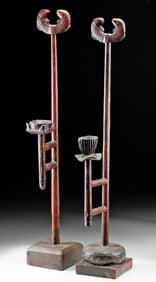 Pair 19th C. Chinese Lacquered Wood Oil Lamps w/ Fish