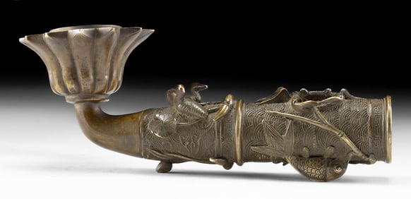 Ornate Chinese Qing Brass Smoking Pipe Bowl w/ Animals