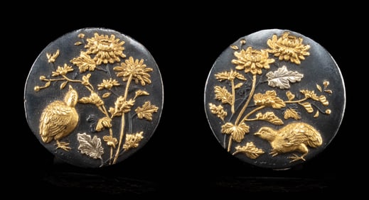 Pair of Meiji Shakudo Gilt Copper Cufflinks w/ Quails