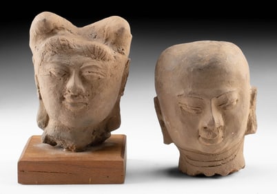 Pair of Majapahit Terracotta Heads - Bald & Horned