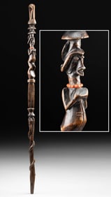 Luba-Hemba Wood Power Staff w/ Snake, Figure, & Beads