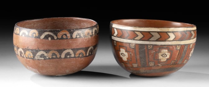 Pair of Ancient Nazca/Huari Polychrome Bowls - Museum