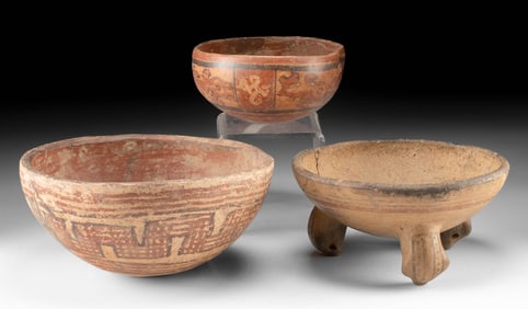 Three Ancient Costa Rican Polychrome Pottery Bowls
