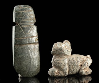 Costa Rican Jadeite Axe God & Guerrero Stone Zoomorph