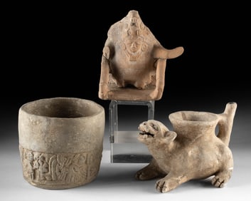 Maya Pottery Whistle Figure, Cylinder & Jaguar Vessels