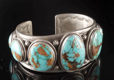 Navajo Silver & Turquoise Cuff Bracelet by Ned Nez