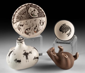 4 Miniature Pueblo Pottery Pieces, Acoma & Zuni Artists