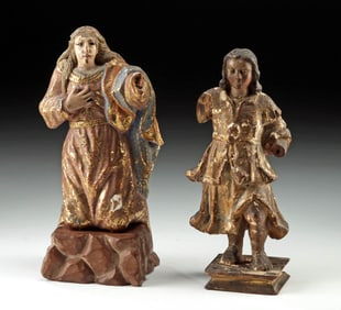 2 Baroque Gilt Wood Figures - Angel & Mary w/ Glass Eye