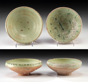 Two Byzantine Green Glazed Sgraffito Pottery Bowls