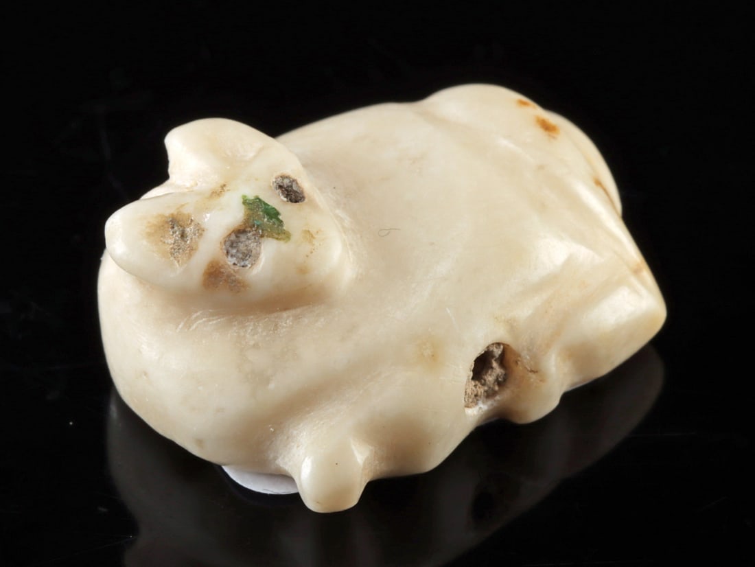 Mesopotamian Stone Animal Amulet Apprsd. by W. Lambert: **Originally Listed At $300** Near East, Mesopotamia or Southwestern Iran, ca. 3000 BCE. A white stone stamp seal in the form of a recumbent ungulate, with the flattened verso engraved with intersecti