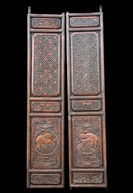 Pair of 19th C. Chinese Carved Elm Wood Door Panels