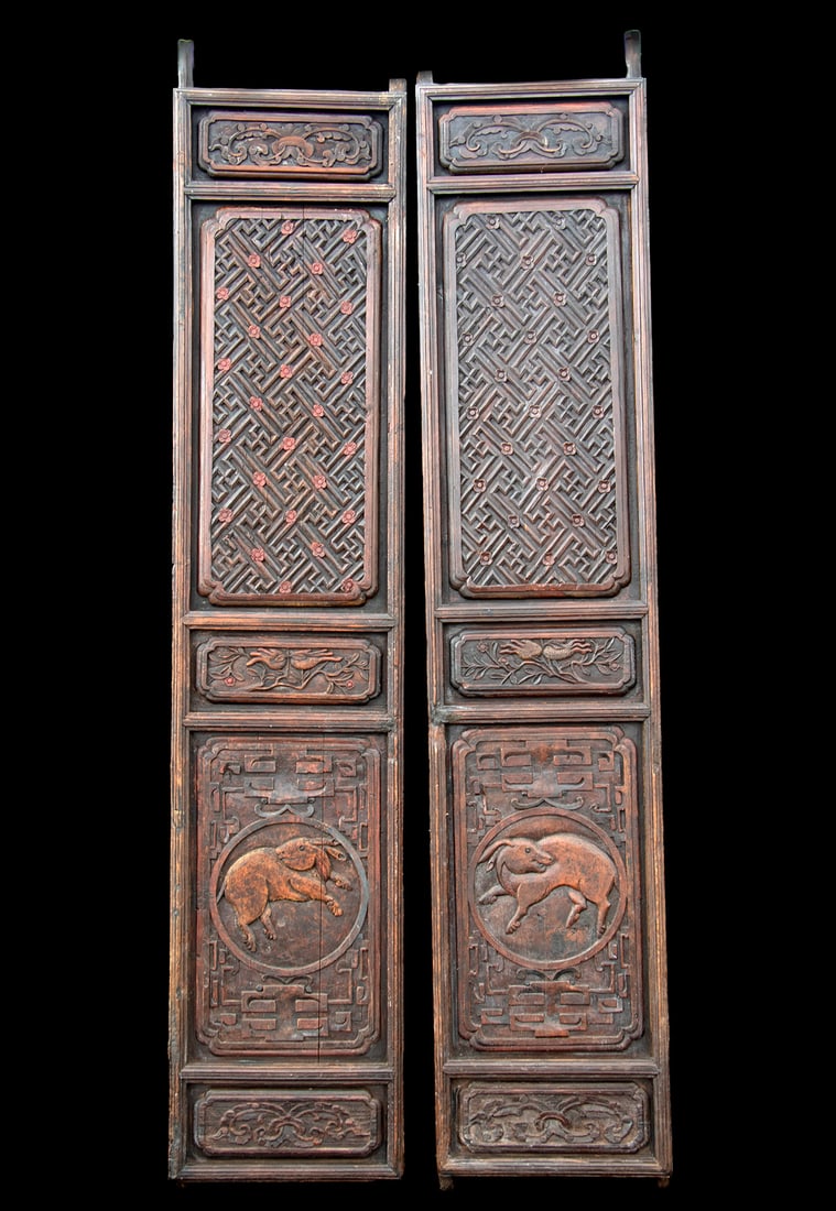 Pair of 19th C. Chinese Carved Elm Wood Door Panels: **Originally Listed At $800** East Asia, China, Zhejiang Province, Qing Dynasty, ca. early 19th century CE. A pair of intricately carved, robust doors crafted from solid elm. These substantial doors r