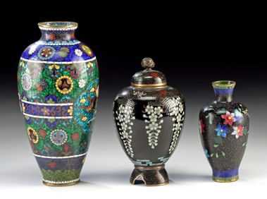 Three Colorful Japanese Cloisonne Brass Vessels