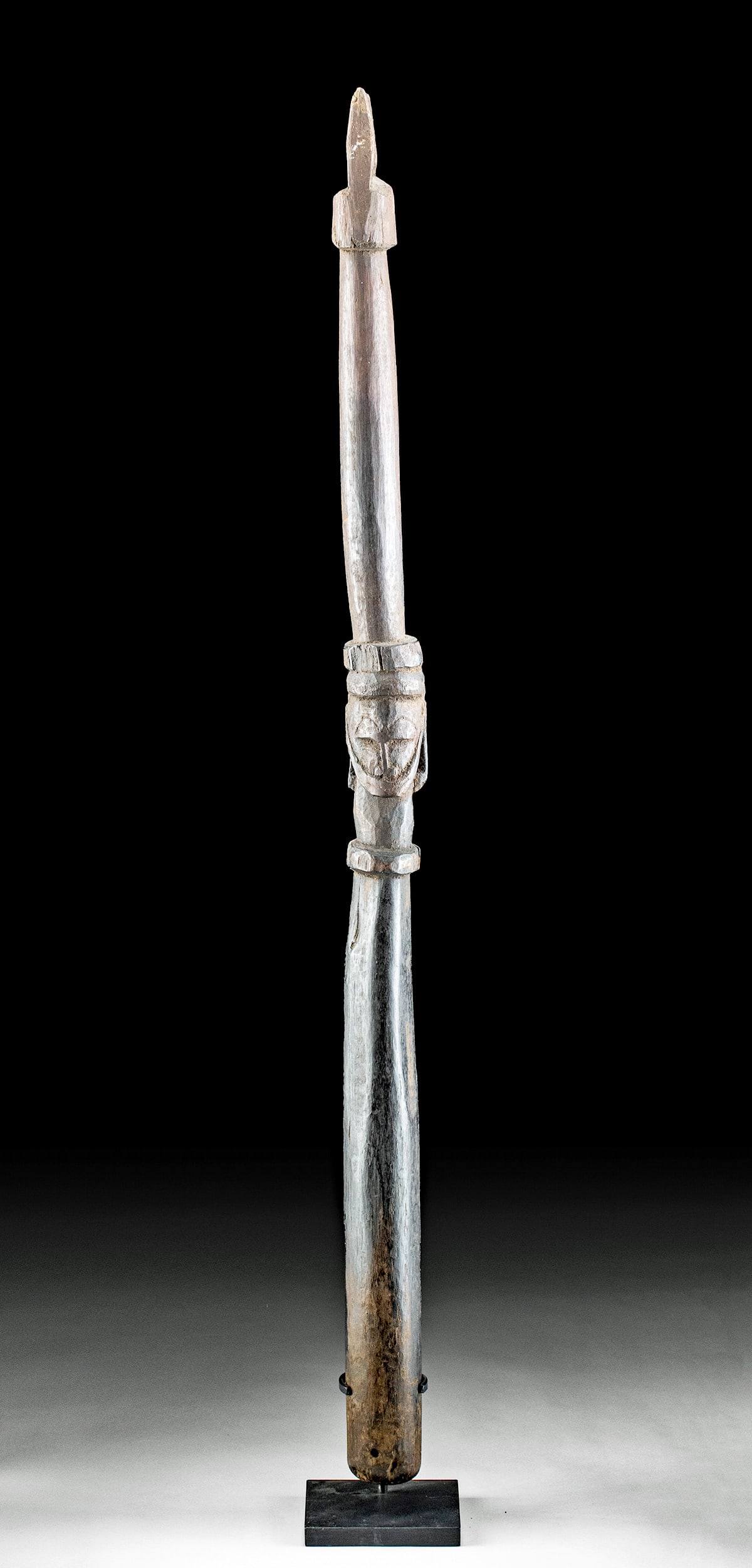 19th C. PNG Huon Gulf Carved Wood Food Pounder: **Originally Listed At $750** Oceania, eastern Papua New Guinea, Huon Gulf, ca. late 19th century CE. A splendid and sizable hand-carved wood food pounder of columnar form surmounted by a double-point