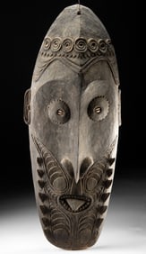 Imposing PNG Sepik River Wood Mask w/ Shell Eyes
