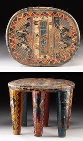 Vibrant Nupe Agaie Wood Stool w/ Animal Symbols