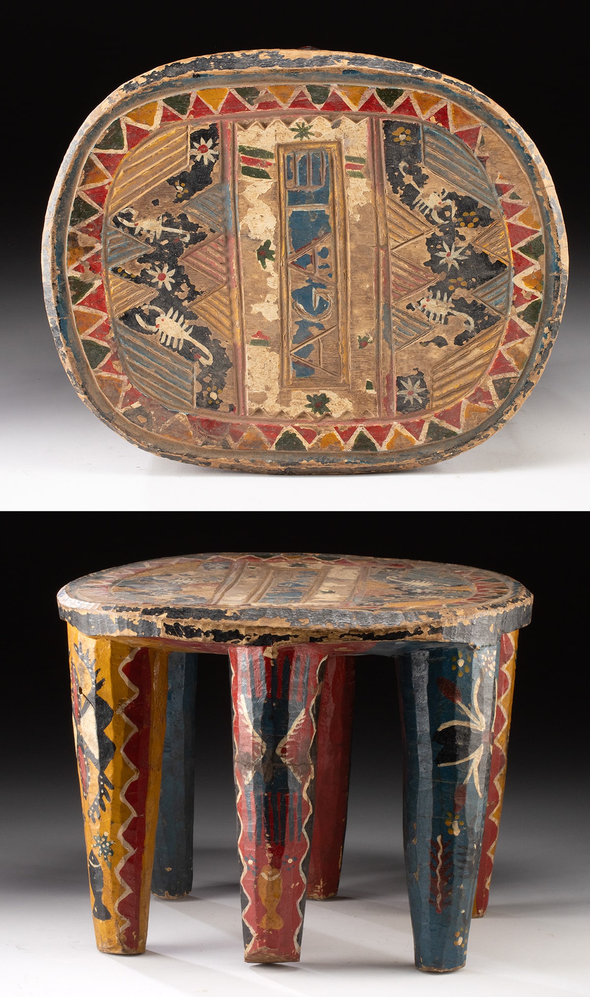 Vibrant Nupe Agaie Wood Stool w/ Animal Symbols: **Originally Listed At $400** West Africa, Nigeria, Nupe culture, ca. mid-20th century CE. A charming and colorful hand-carved wooden stool with six tapered legs, adorned in bold polychrome pigment. B