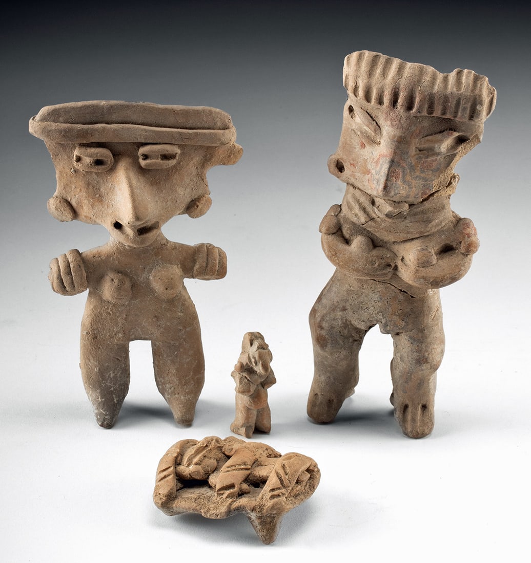 Four Michoacan Pottery Figures: **Originally Listed At $450** Pre-Columbian, West Mexico, Michoacan, ca. 500 to 100 BCE. A group of 4 hand-built pottery figures including 3 nude woman and a fourth figure lying on a bed, perhaps a fu