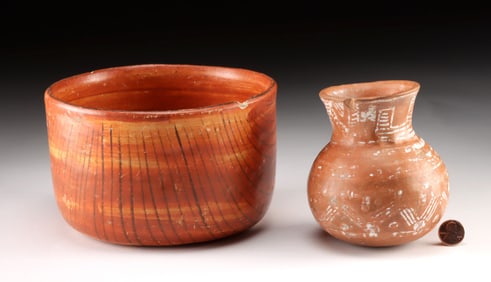 Two Ancient Nayarit Redware Pottery Vessels, Bowl & Jar