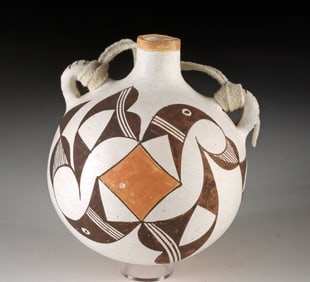 Early Acoma Polychrome Pottery Canteen w/ Birds