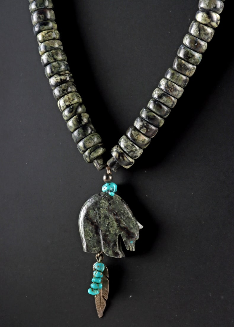 Zuni Pueblo Greenstone Bead Necklace w/ Bear Pendant: **Originally Listed At $300** Native American, Southwestern United States, Zuni Pueblo, ca. A wearable necklace composed of greenstone beads featuring a fetish bear pendant, turquoise stones, and a si