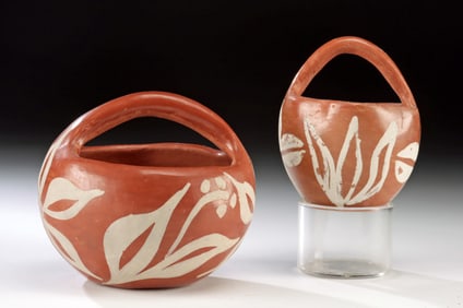 Two Isleta Pueblo Redware Pottery Baskets