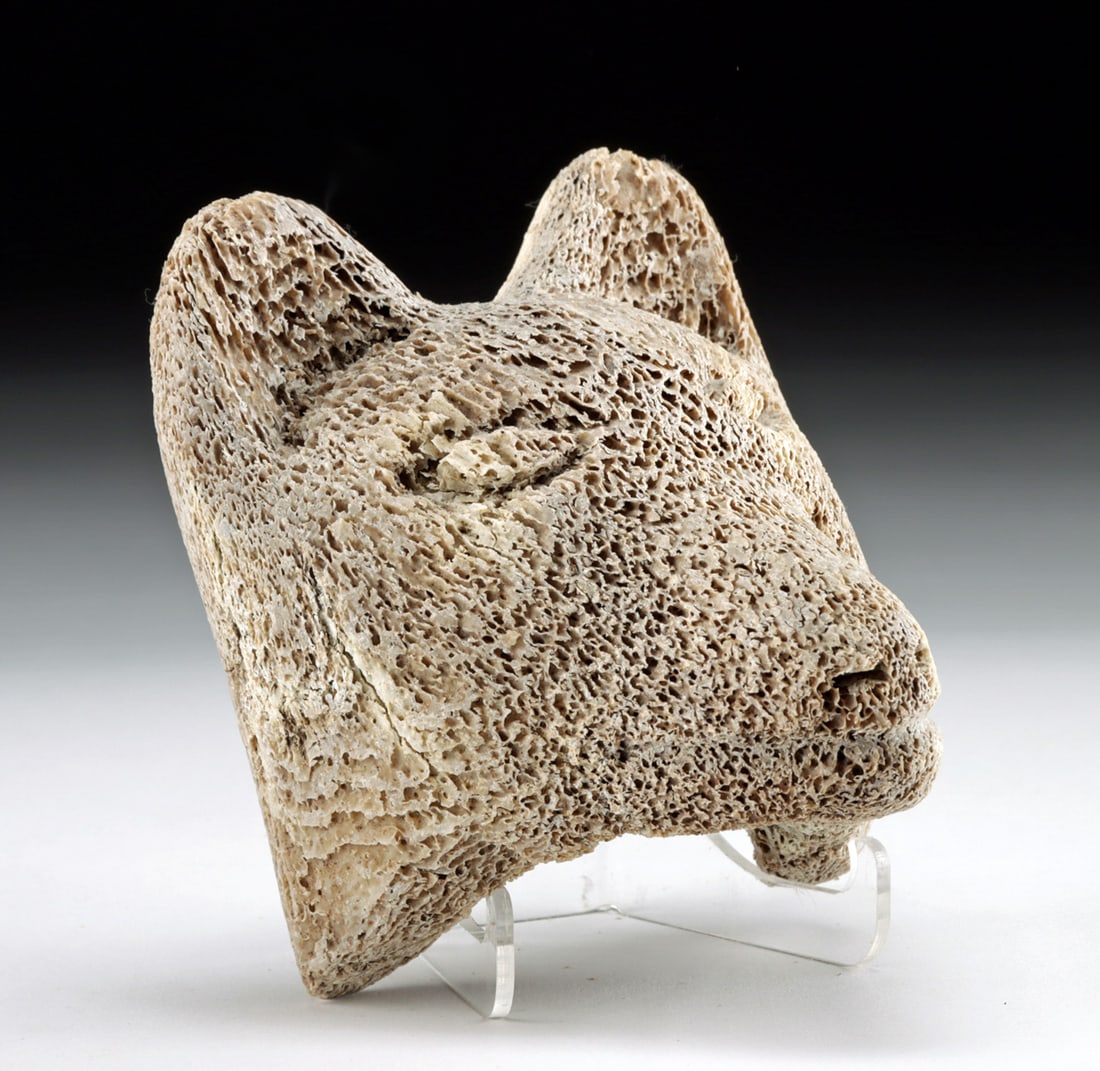 Inuit Whale Bone Sculpture of Fox Head: **Originally Listed At $300** Native American / First Nations, Northwest Coast United States, Alaska or Canada, Inupiaq/Inuit people, ca. mid-20th century CE. A charming carving made from whalebone of