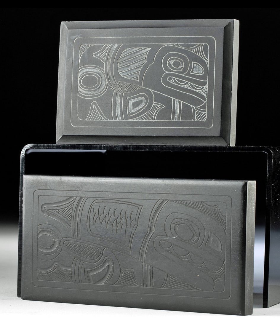 2 Northwest Coast Haida Argillite Etched Fish Plaques: **Originally Listed At $400** Native American / First Nations, Northwestern United States or Canada, Haida, ca. late 20th century CE. This pair of decorative argillite plaques or coasters are both int