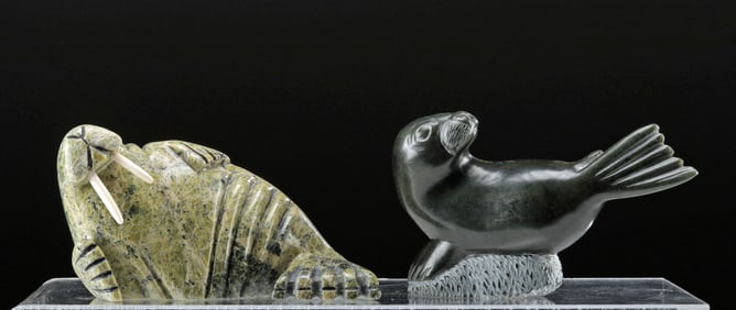 Inuit Soapstone, Serpentine & Walrus Ivory Seal Statues