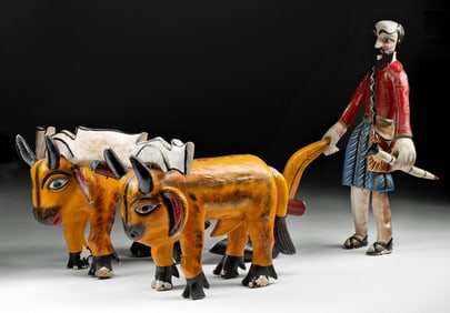 Mexican Wood Folk Art Saint Isidore w/ Plowing Oxen